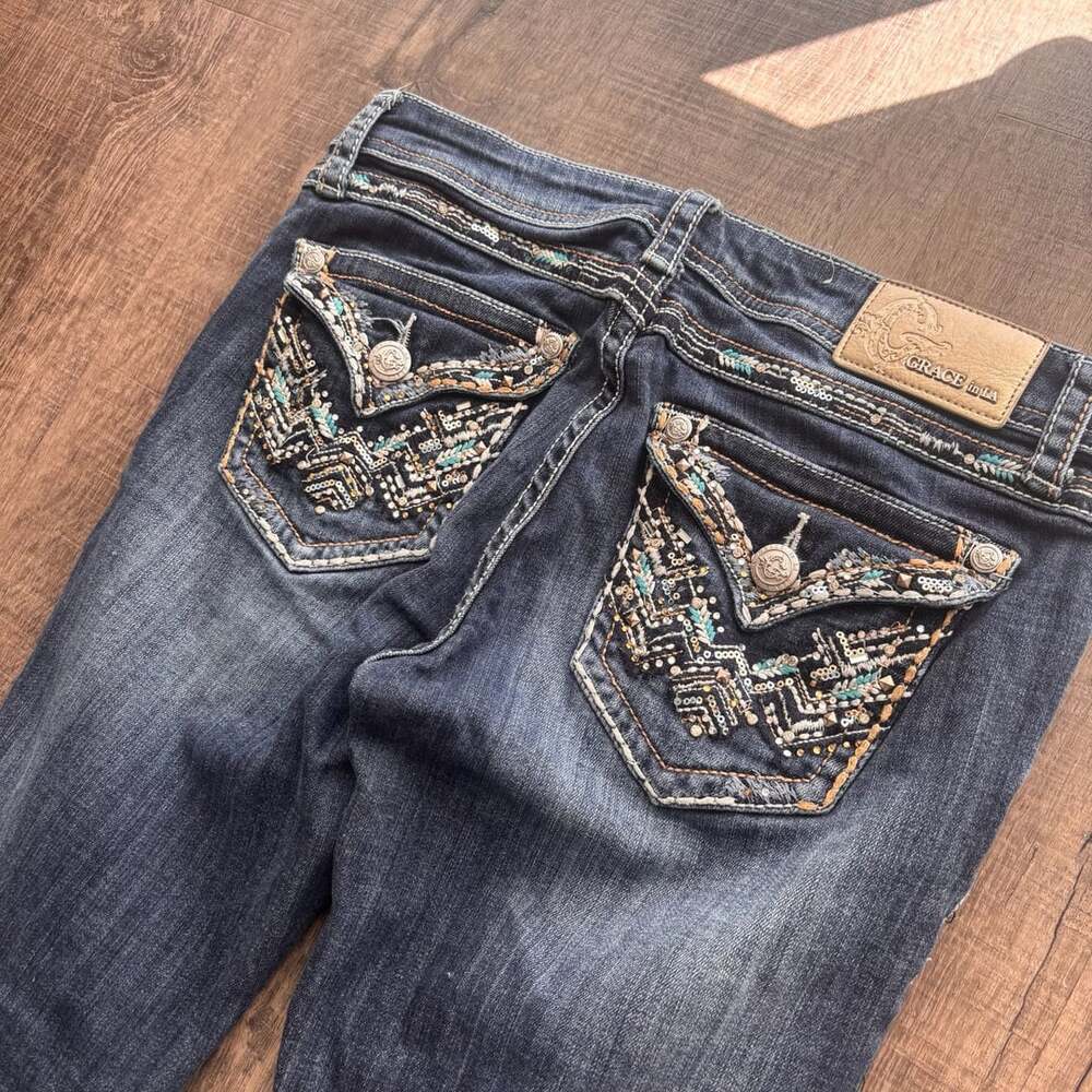 Grace in LA Boot Cut Embellished Flap Pocket Jeans Size 30